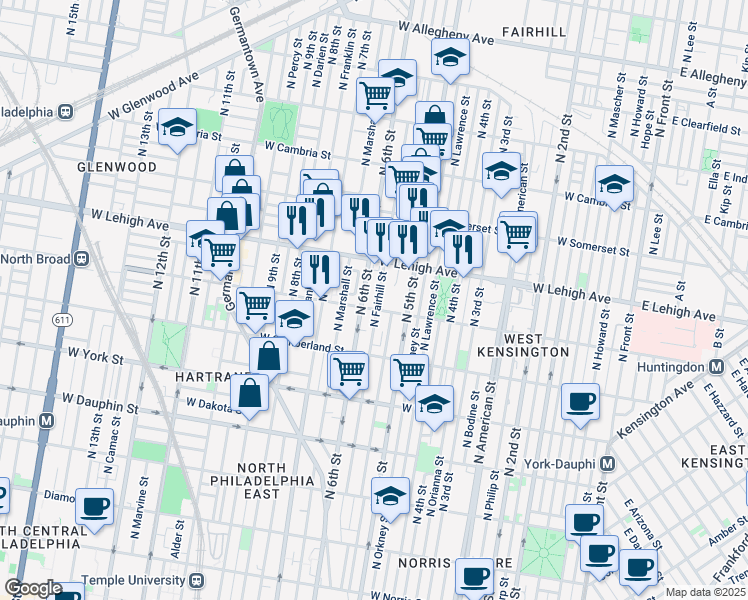 map of restaurants, bars, coffee shops, grocery stores, and more near 2610 North Fairhill Street in Philadelphia