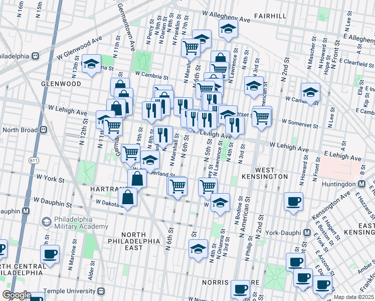 map of restaurants, bars, coffee shops, grocery stores, and more near 2630 North 6th Street in Philadelphia