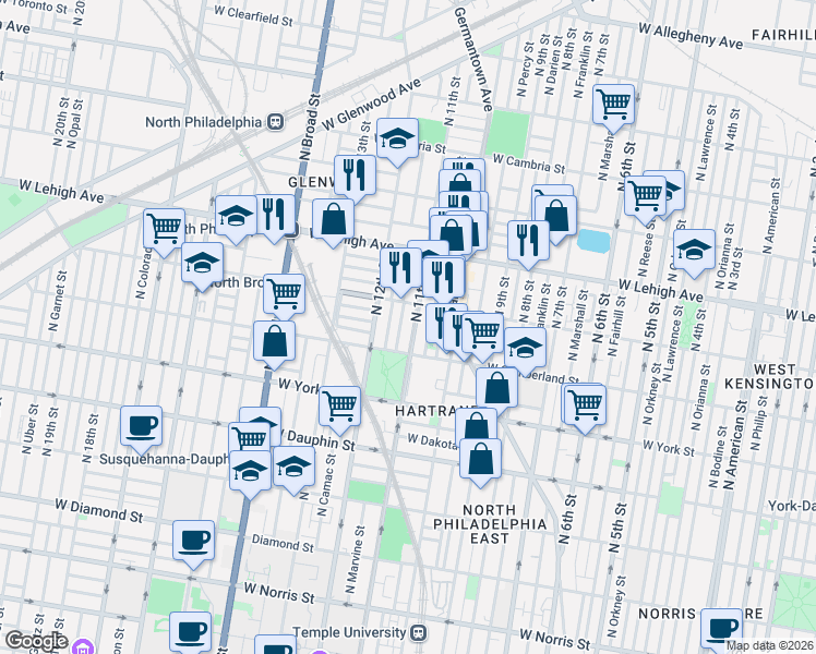 map of restaurants, bars, coffee shops, grocery stores, and more near 1112 West Huntingdon Street in Philadelphia