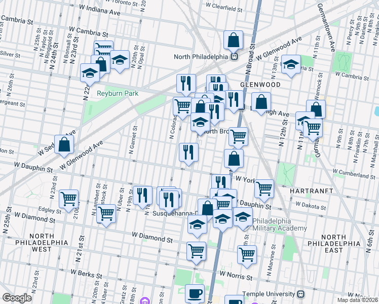 map of restaurants, bars, coffee shops, grocery stores, and more near in Philadelphia