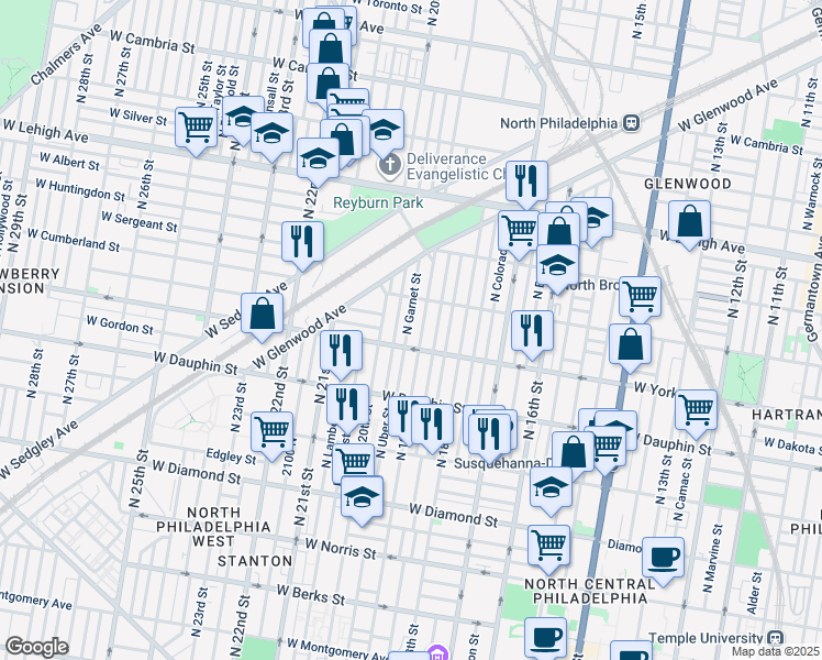 map of restaurants, bars, coffee shops, grocery stores, and more near 2425 N Garnet St in Philadelphia