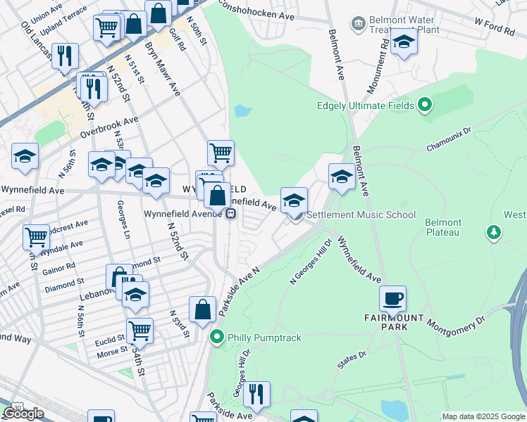 map of restaurants, bars, coffee shops, grocery stores, and more near 4927 Wynnefield Avenue in Philadelphia