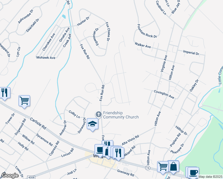map of restaurants, bars, coffee shops, grocery stores, and more near 3190 Pebble Run Drive in Dover