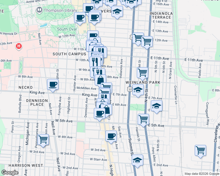 map of restaurants, bars, coffee shops, grocery stores, and more near 80 Euclid Avenue in Columbus