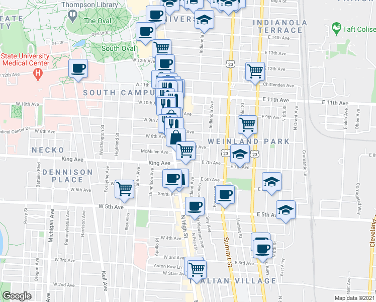 map of restaurants, bars, coffee shops, grocery stores, and more near 24 Euclid Avenue in Columbus