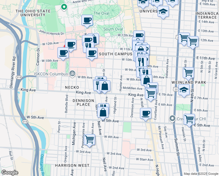 map of restaurants, bars, coffee shops, grocery stores, and more near 1465 Highland Street in Columbus