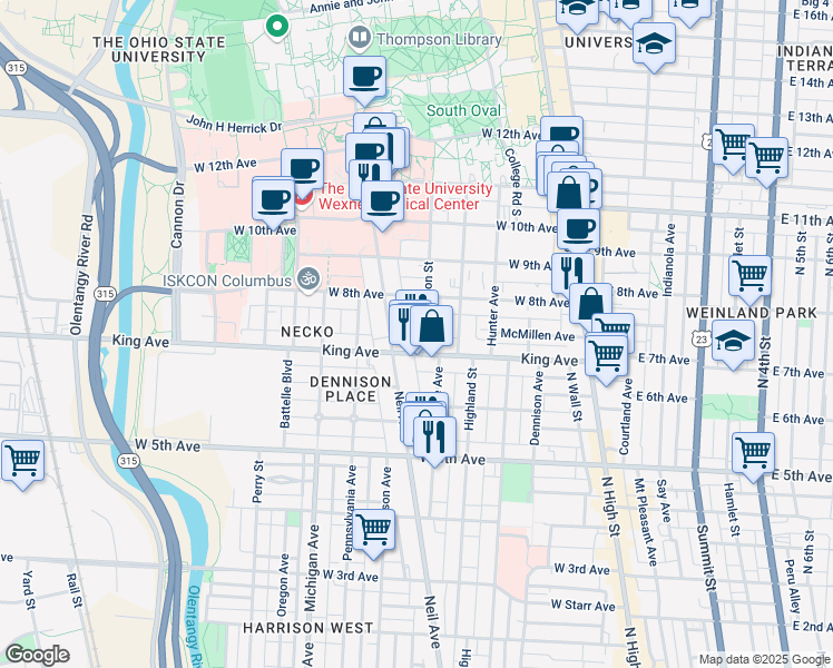map of restaurants, bars, coffee shops, grocery stores, and more near 1461 Worthington Street in Columbus