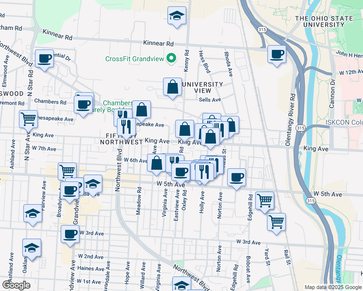 map of restaurants, bars, coffee shops, grocery stores, and more near in Columbus