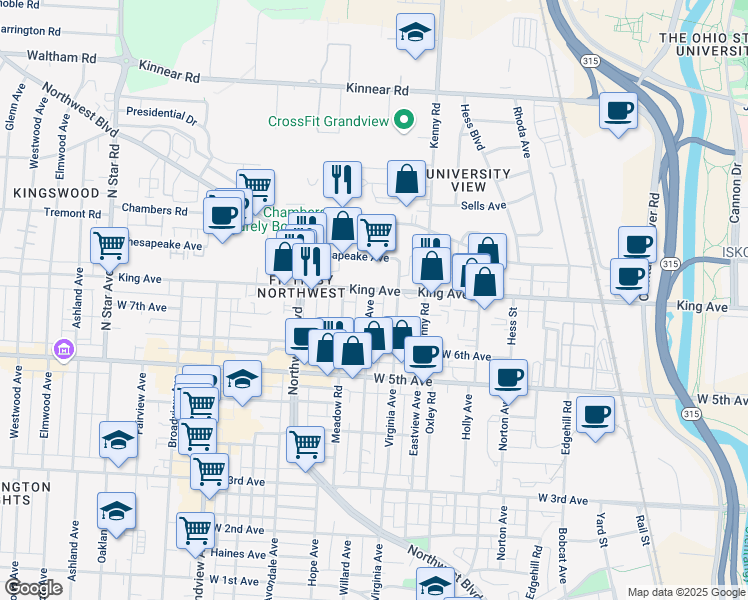 map of restaurants, bars, coffee shops, grocery stores, and more near 1126 King Avenue in Columbus