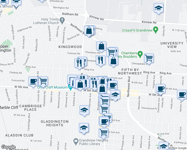 map of restaurants, bars, coffee shops, grocery stores, and more near 1513 King Avenue in Columbus