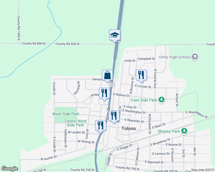 map of restaurants, bars, coffee shops, grocery stores, and more near 210 Deerpath Drive in Tolono