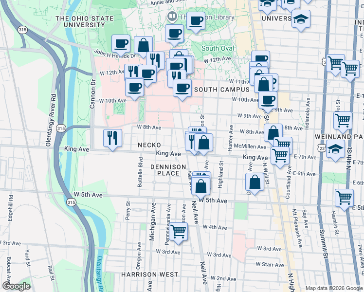 map of restaurants, bars, coffee shops, grocery stores, and more near 1445 Neil Avenue in Columbus