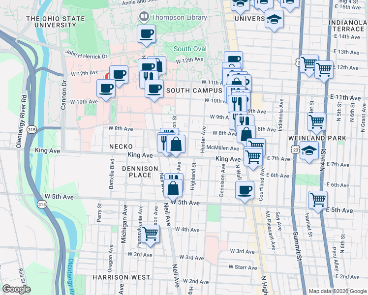 map of restaurants, bars, coffee shops, grocery stores, and more near 1433 Highland Street in Columbus