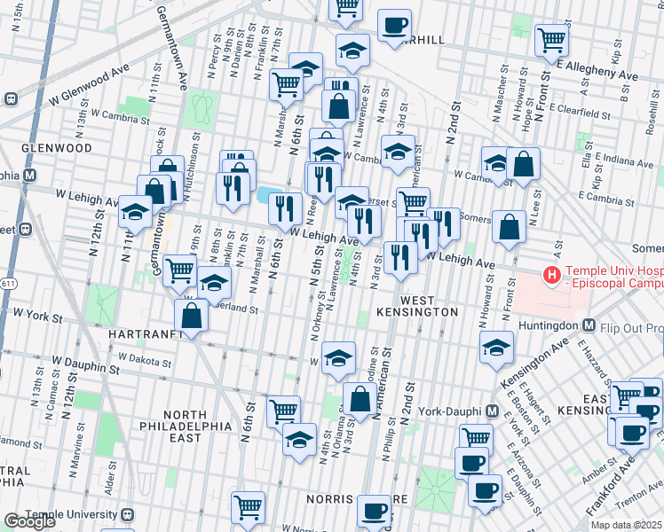 map of restaurants, bars, coffee shops, grocery stores, and more near 2622 North Lawrence Street in Philadelphia