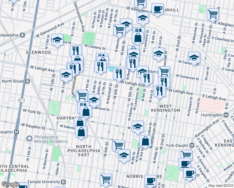 map of restaurants, bars, coffee shops, grocery stores, and more near 2630 North 6th Street in Philadelphia