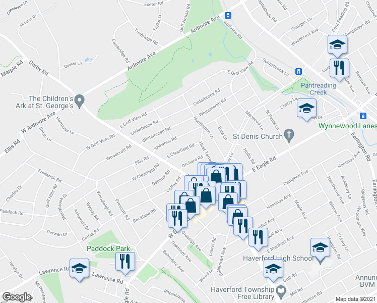 map of restaurants, bars, coffee shops, grocery stores, and more near 31 East Clearfield Road in Havertown