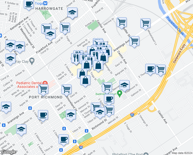 map of restaurants, bars, coffee shops, grocery stores, and more near 3504 Gaul Street in Philadelphia