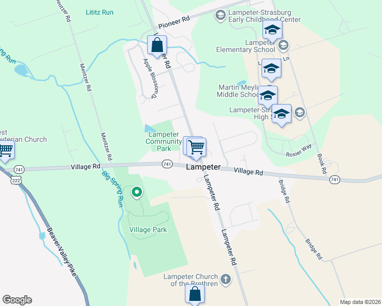 map of restaurants, bars, coffee shops, grocery stores, and more near 1626 Lampeter Road in Lancaster