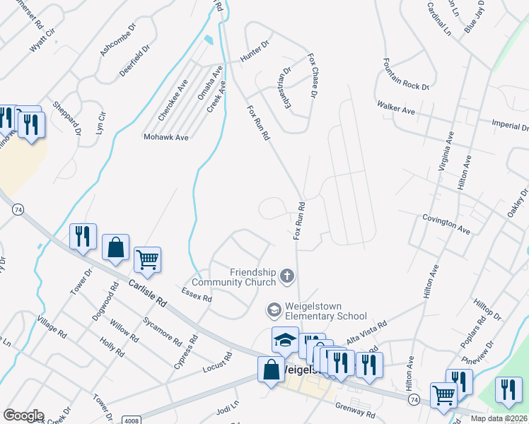 map of restaurants, bars, coffee shops, grocery stores, and more near 3460 Fox Ridge Court in Dover