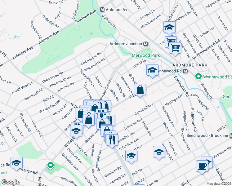 map of restaurants, bars, coffee shops, grocery stores, and more near 2428 Whitby Road in Havertown
