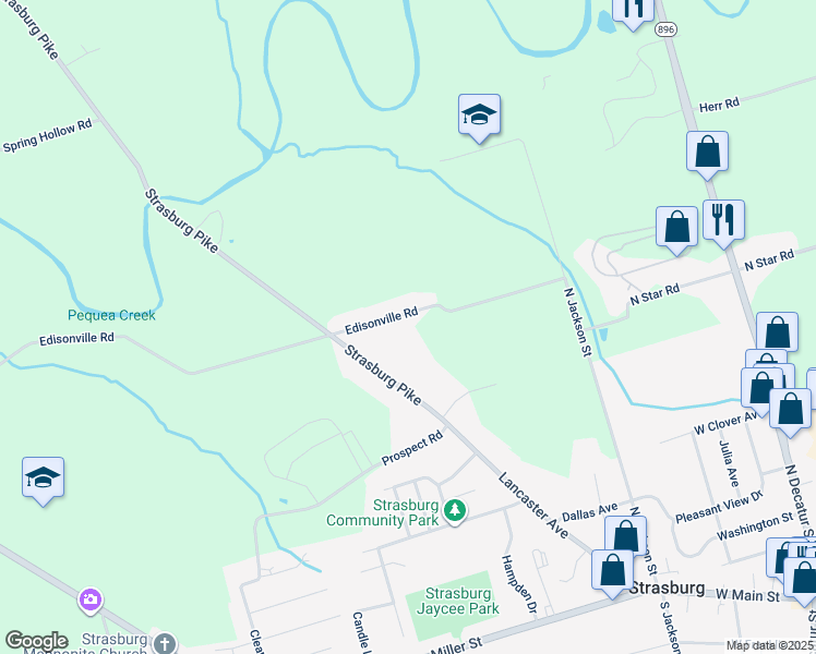 map of restaurants, bars, coffee shops, grocery stores, and more near 2112 Edisonville Road in Strasburg