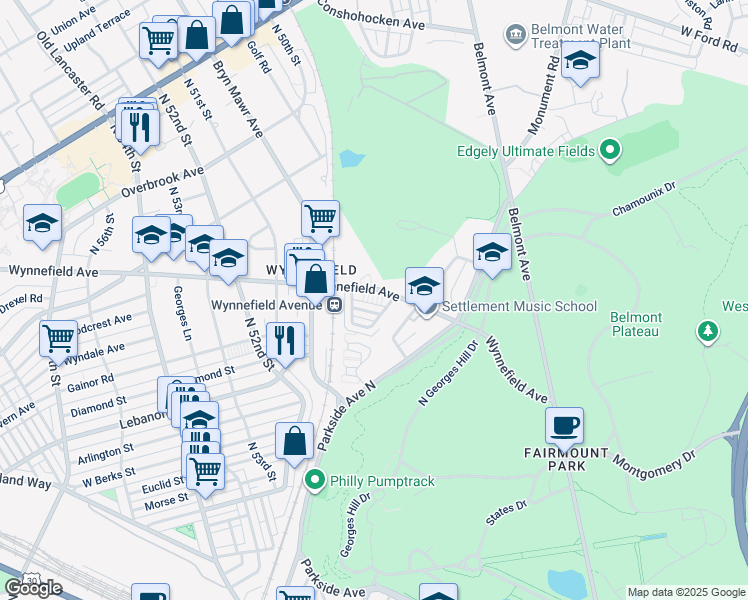map of restaurants, bars, coffee shops, grocery stores, and more near 4940 Wynnefield Avenue in Philadelphia