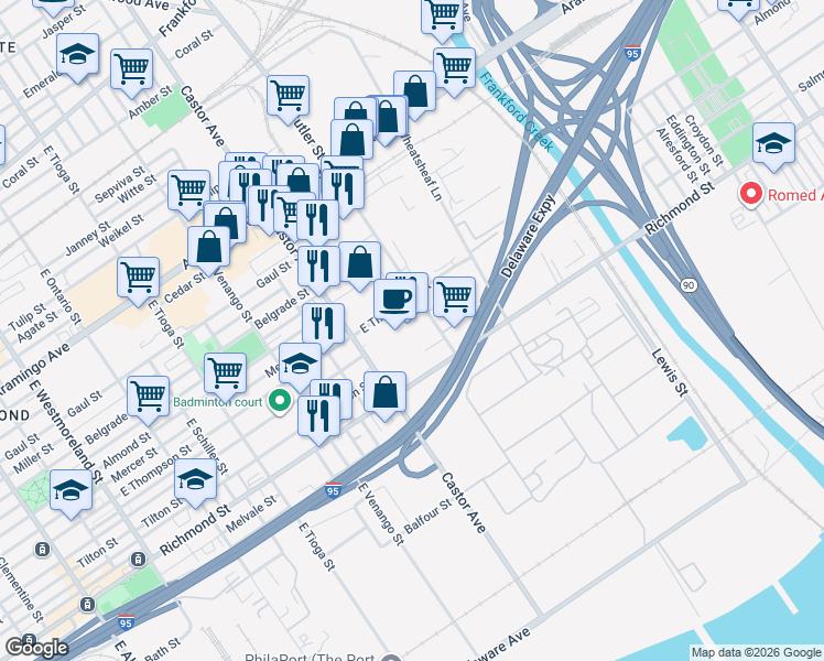 map of restaurants, bars, coffee shops, grocery stores, and more near 2701 Castor Avenue in Philadelphia