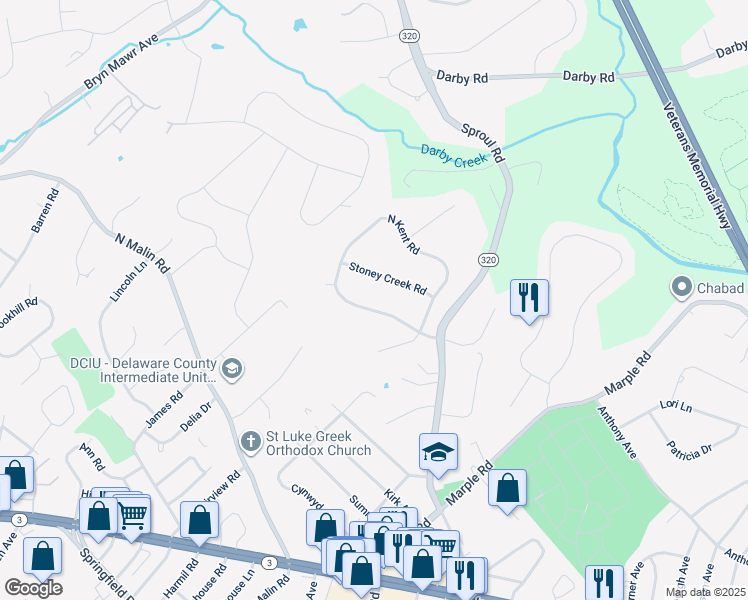 map of restaurants, bars, coffee shops, grocery stores, and more near 2725 South Kent Road in Broomall