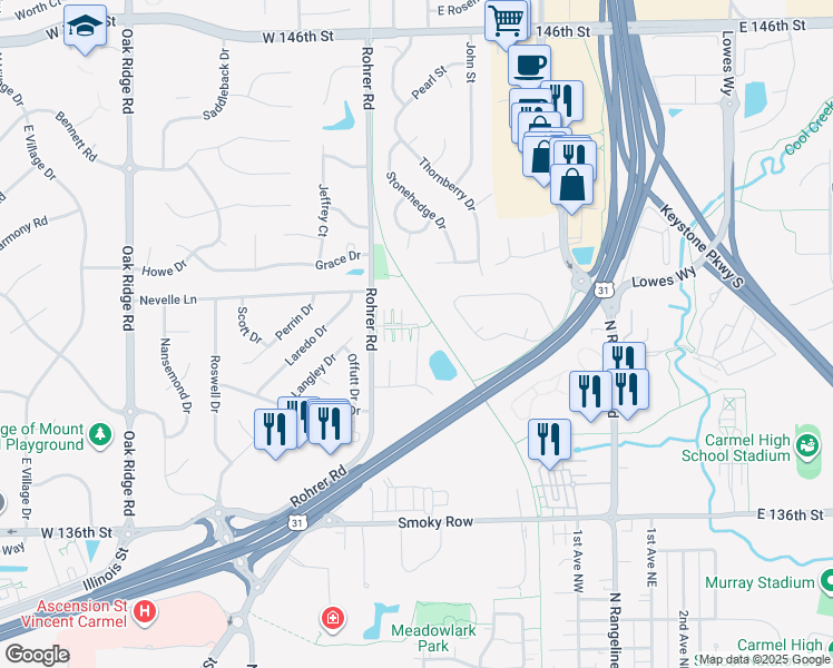 map of restaurants, bars, coffee shops, grocery stores, and more near 1101 Rohrer Road in Carmel
