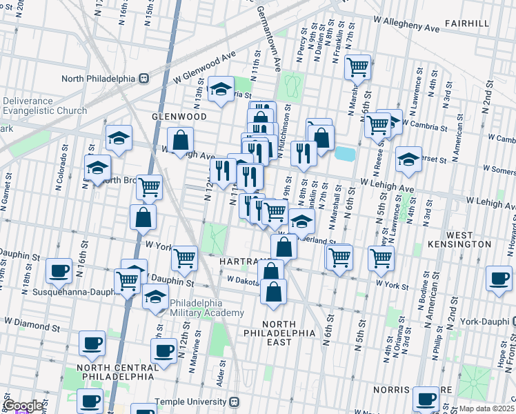 map of restaurants, bars, coffee shops, grocery stores, and more near in Philadelphia