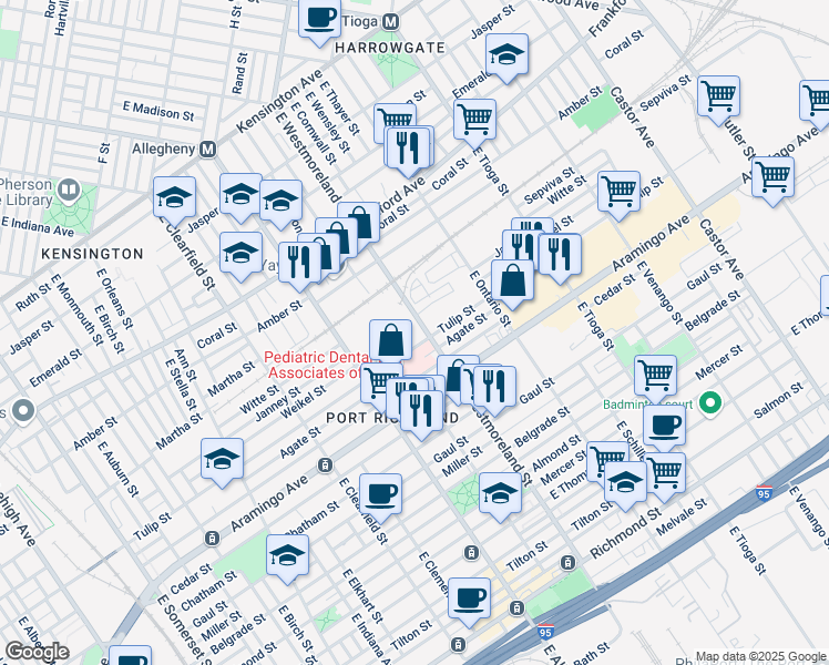 map of restaurants, bars, coffee shops, grocery stores, and more near 3300 Tulip Street in Philadelphia