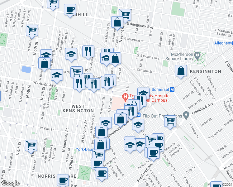 map of restaurants, bars, coffee shops, grocery stores, and more near 117 East Lehigh Avenue in Philadelphia