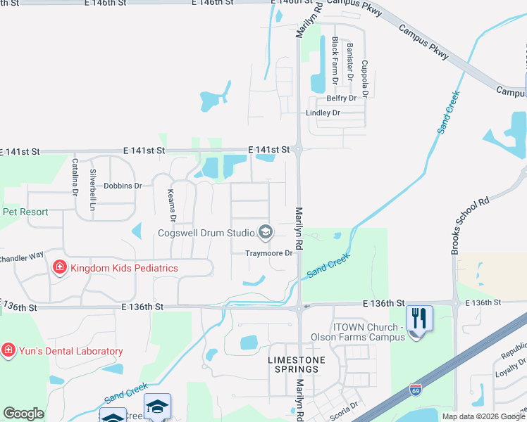 map of restaurants, bars, coffee shops, grocery stores, and more near 11867 Bellhaven Drive in Fishers