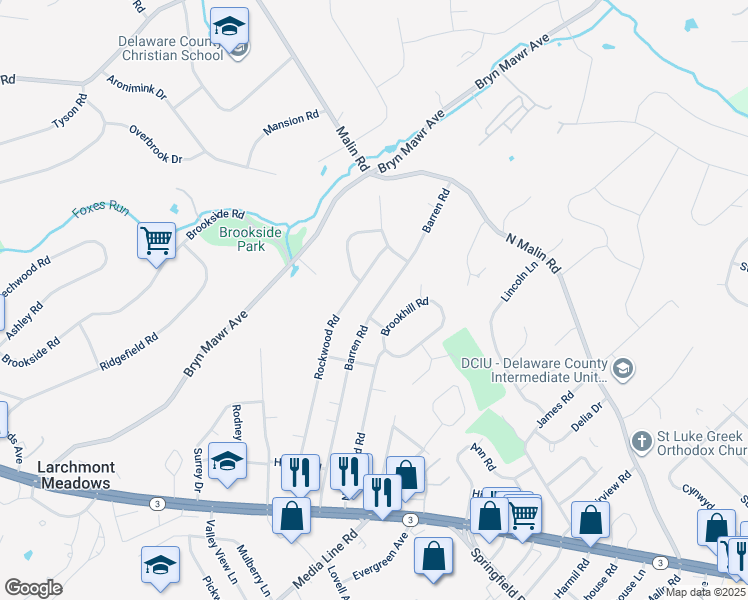 map of restaurants, bars, coffee shops, grocery stores, and more near 124 Barren Road in Newtown Square