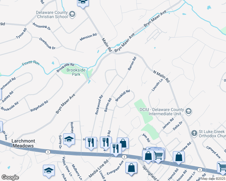 map of restaurants, bars, coffee shops, grocery stores, and more near 124 Barren Road in Newtown Square