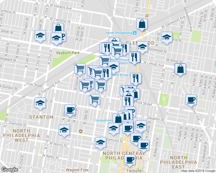 map of restaurants, bars, coffee shops, grocery stores, and more near 2450 North Bancroft Street in Philadelphia