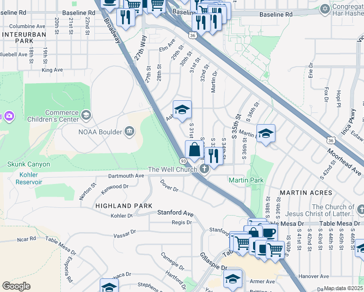 map of restaurants, bars, coffee shops, grocery stores, and more near 87 Bucknell Court in Boulder