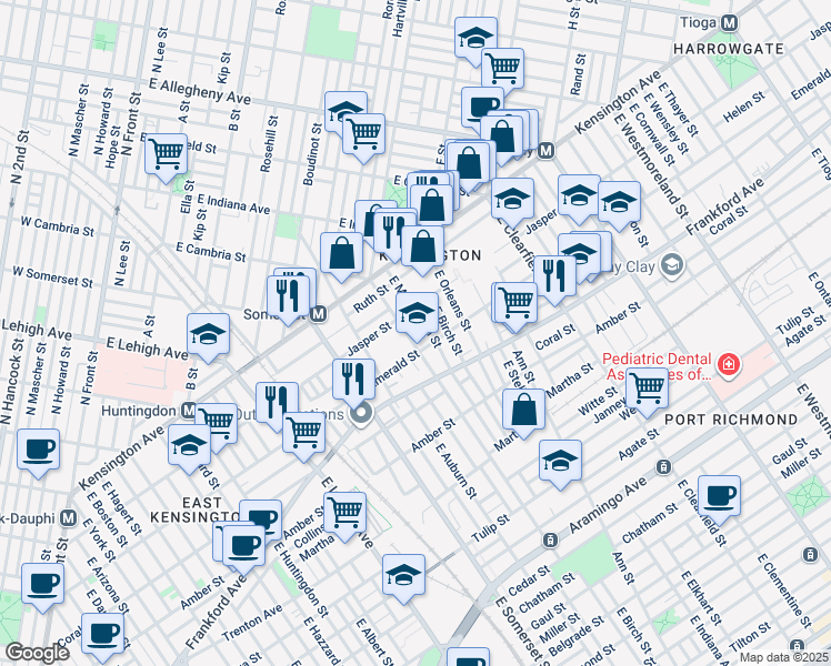 map of restaurants, bars, coffee shops, grocery stores, and more near 1929 East Cambria Street in Philadelphia