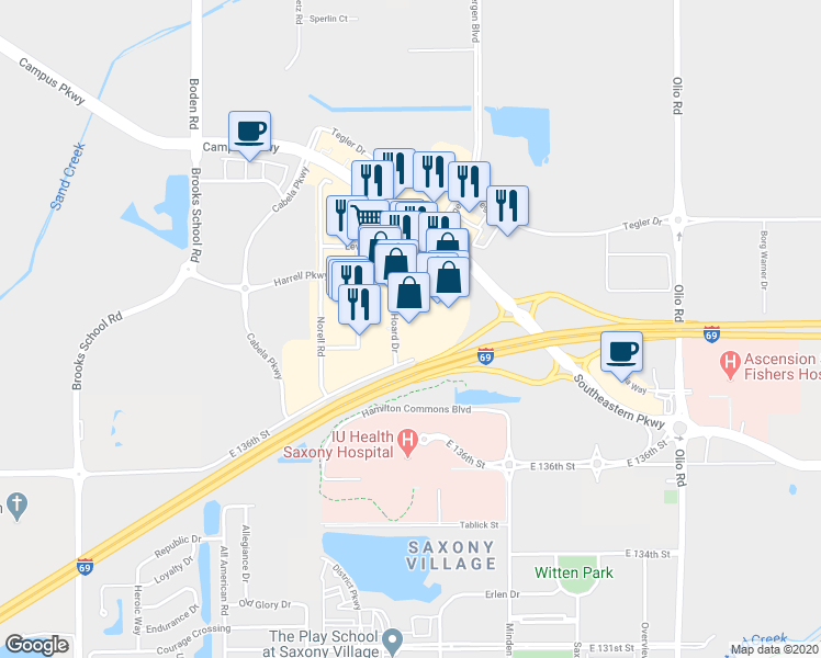 map of restaurants, bars, coffee shops, grocery stores, and more near 13900 Hoard Drive in Noblesville