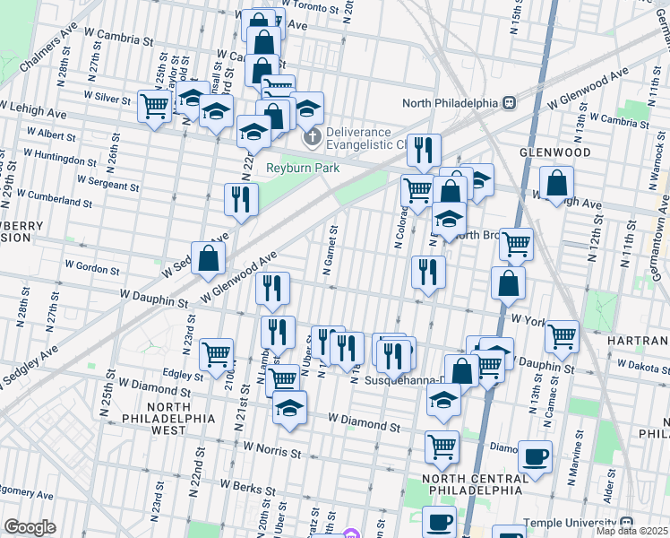 map of restaurants, bars, coffee shops, grocery stores, and more near 2426 North 19th Street in Philadelphia