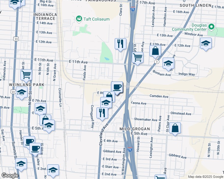map of restaurants, bars, coffee shops, grocery stores, and more near 1325 Essex Avenue in Columbus