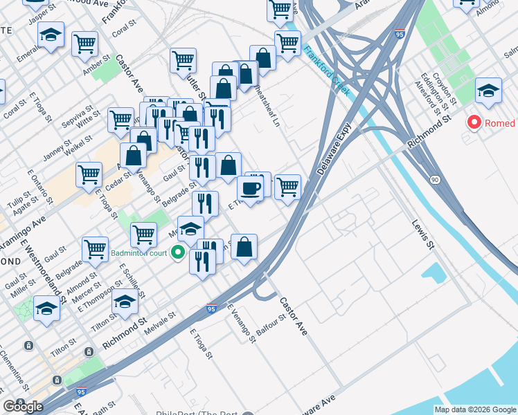 map of restaurants, bars, coffee shops, grocery stores, and more near 2701 Castor Avenue in Philadelphia