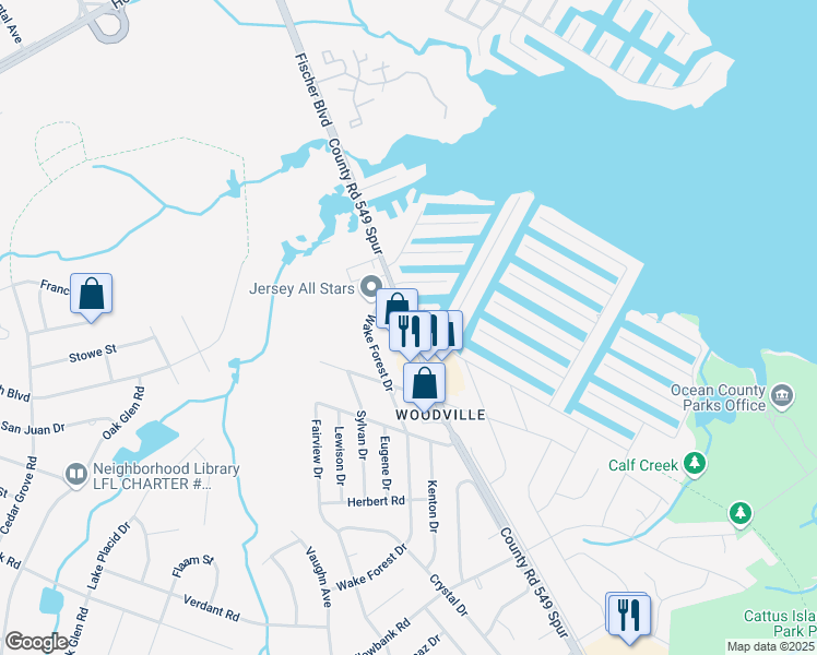 map of restaurants, bars, coffee shops, grocery stores, and more near Fischer Boulevard & Merrimac Drive in Toms River