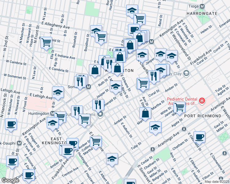 map of restaurants, bars, coffee shops, grocery stores, and more near 1929 East Cambria Street in Philadelphia
