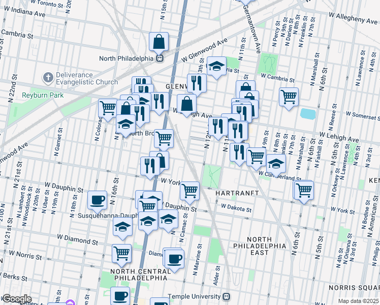 map of restaurants, bars, coffee shops, grocery stores, and more near 1249 West Firth Street in Philadelphia