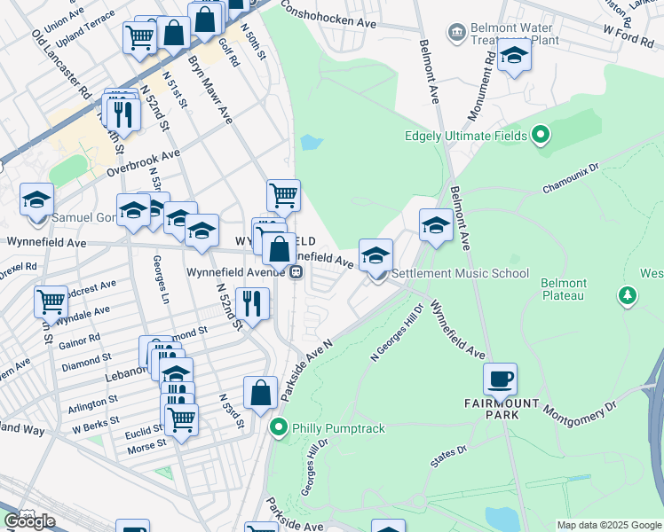 map of restaurants, bars, coffee shops, grocery stores, and more near 4940 Wynnefield Avenue in Philadelphia