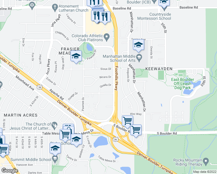 map of restaurants, bars, coffee shops, grocery stores, and more near 4965 Qualla Drive in Boulder