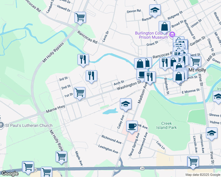 map of restaurants, bars, coffee shops, grocery stores, and more near 231 Washington Street in Mount Holly