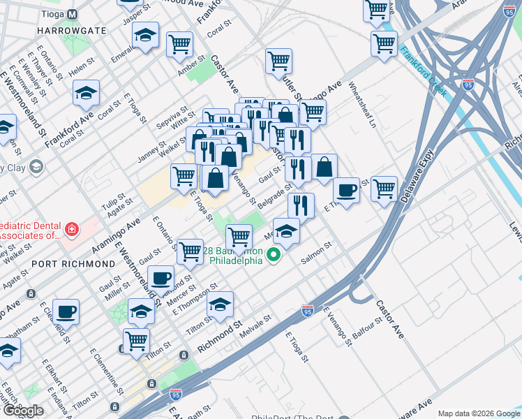 map of restaurants, bars, coffee shops, grocery stores, and more near 3620 Belgrade Street in Philadelphia
