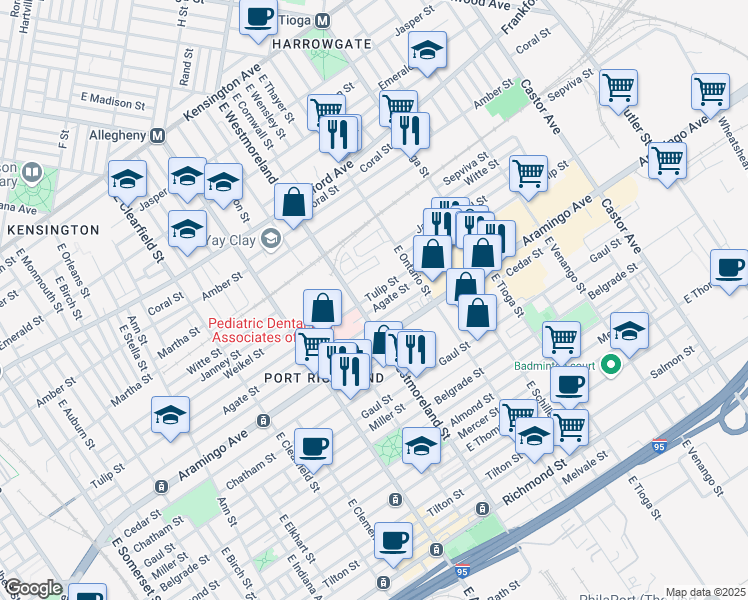 map of restaurants, bars, coffee shops, grocery stores, and more near 3319 Agate Street in Philadelphia